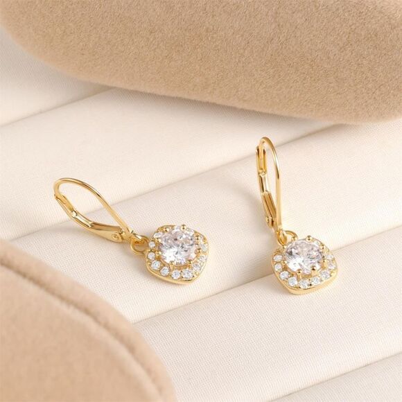 Jewelry - Sterling Silver Leverback Dangle Drop Earrings Cubic Zirconia Halo Earrings Gift